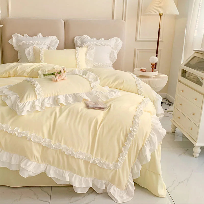 طقم سرير الأميرة الكورية لوليتا من 4 قطع من DecorBites™ من القطن المغسول السادة