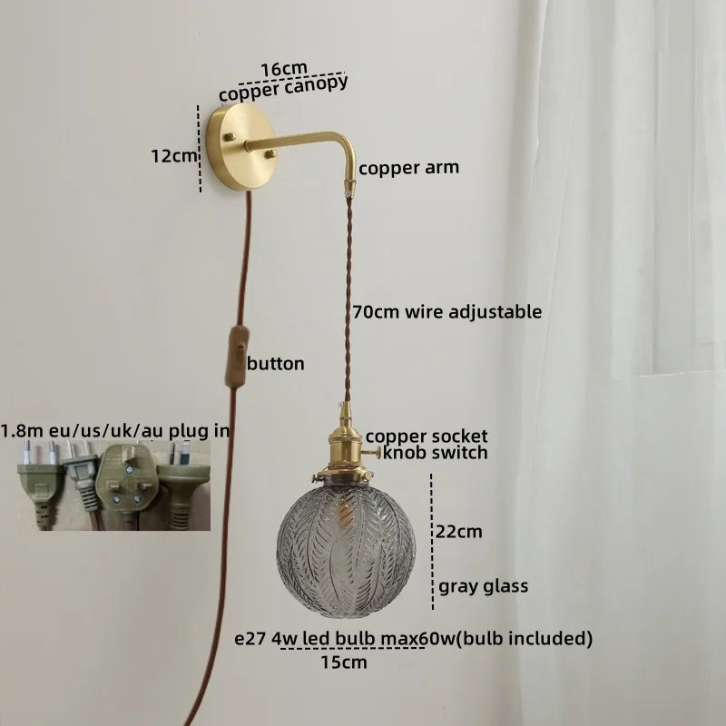 DecorBites™ Glass Copper LED Wall Lights with Knob Switch, Modern Bedside Lamp