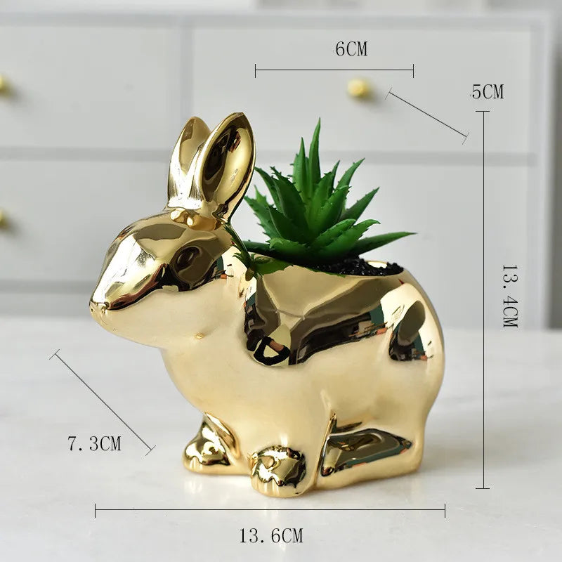 DecorBites™ Golden Rabbit Ceramic Flower Pot | Cartoon Succulent Planting Vase