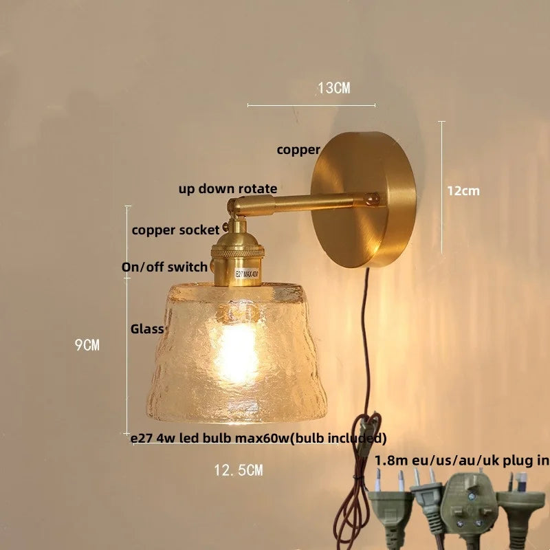 DecorBites™ Clear Glass LED Wall Lights Brass E27 Pull Chain Switch Bedside Lamp