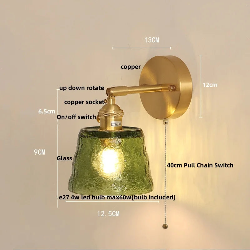 DecorBites™ Clear Glass LED Wall Lights Brass E27 Pull Chain Switch Bedside Lamp