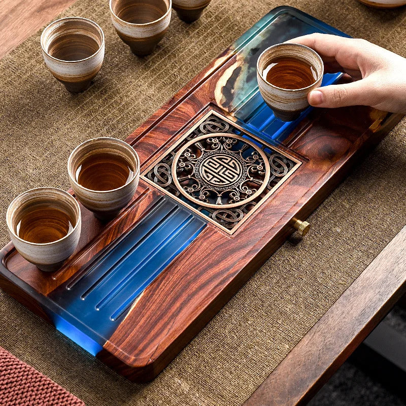 DecorBites™ Handmade Wood Resin Tea Tray | Bubble Tea Table Home Kung Fu Set