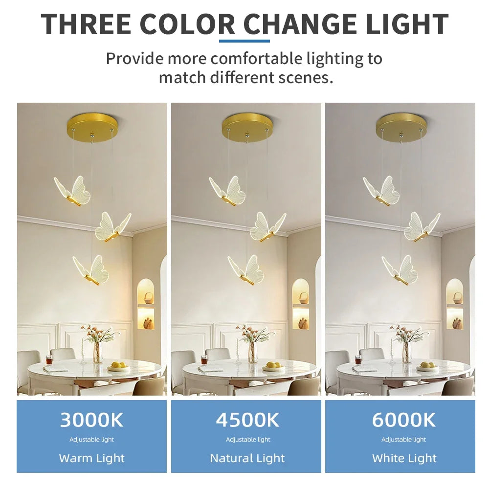 Modern Gold Butterfly 3-Light Metal Pendant Light