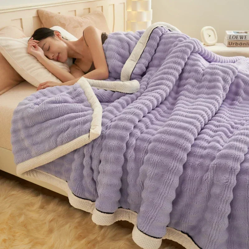 DecorBites™ Cozy Rabbit Plush Blanket: Soft Striped Warm Sofa Throw, Absorbent Breathable Nap Blanket