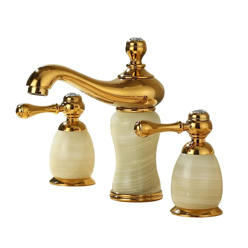 DecorBites™ خلاط حوض واسع بـ 3 فتحات من النحاس الذهبي واليشم بمقبضين
