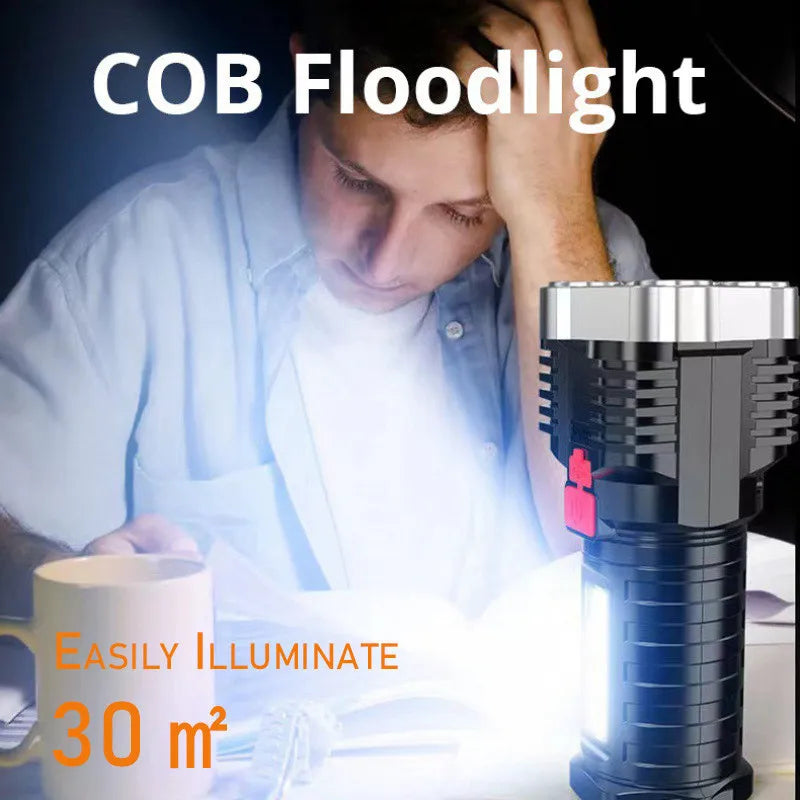 DecorBites™ مصباح يدوي LED: إضاءة عالية مع 4 خرزات مصباح، كشاف COB، شعلة خارجية قابلة لإعادة الشحن عبر USB