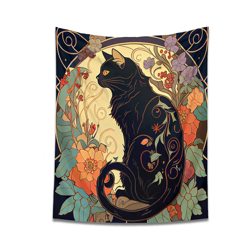 DecorBites™ Black Cat Tapestry Wall Hanging - Psychedelic Floral Art for Cat Lovers