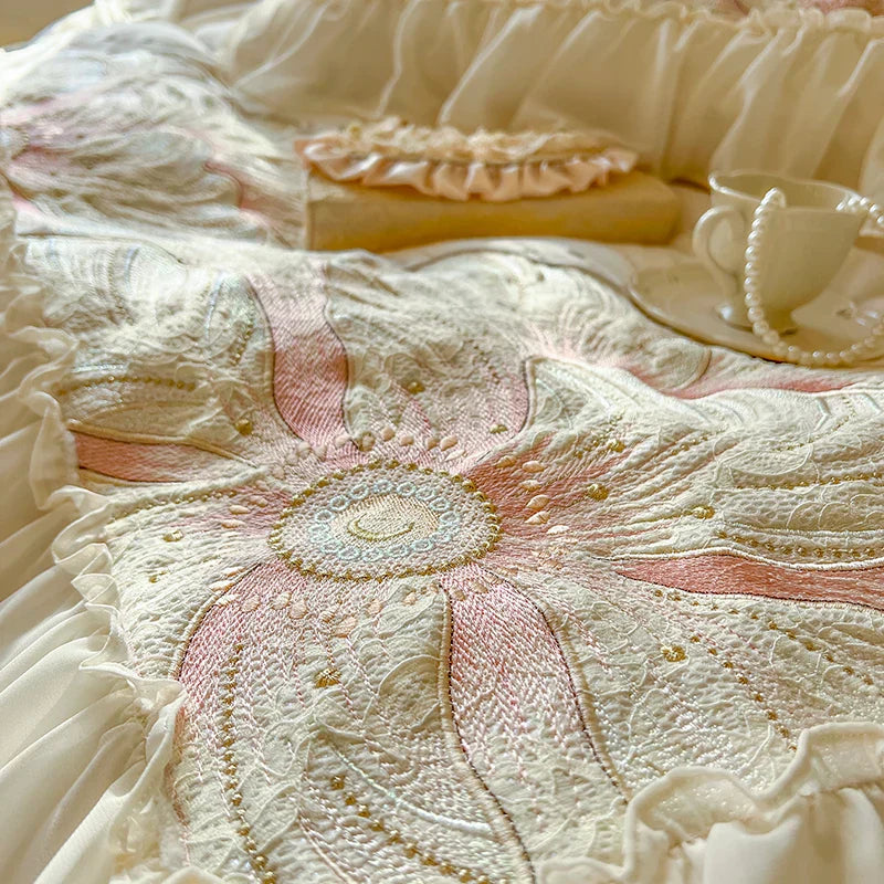 DecorBites™ French Princess Wedding Bedding Set, Lace Ruffles, Flowers Embroidery.