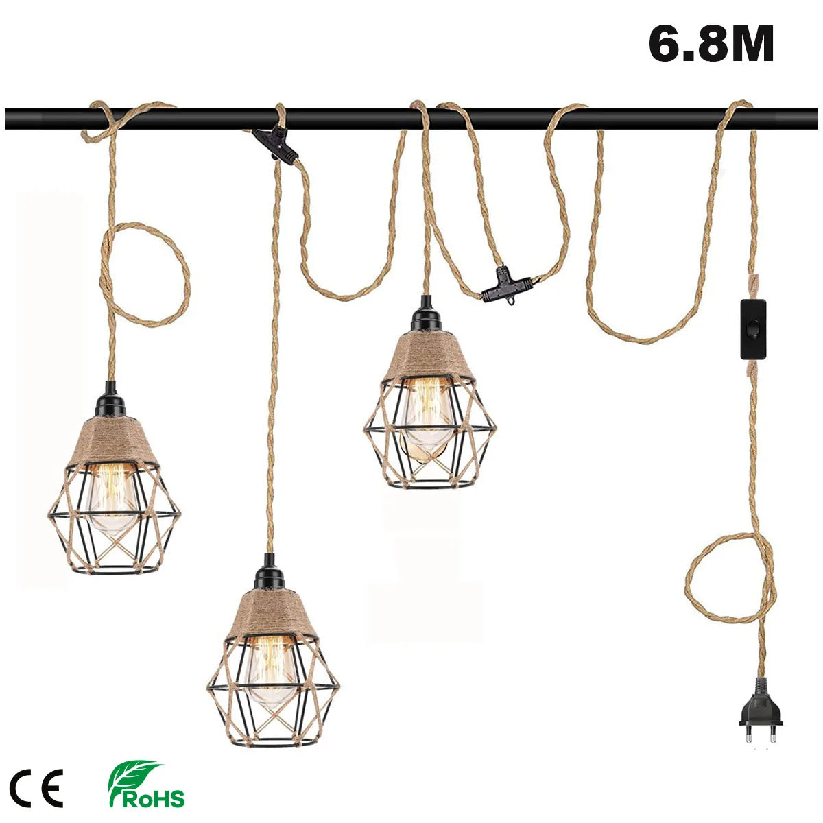 Vintage Industrial Hemp Rope Plug-In Pendant Light