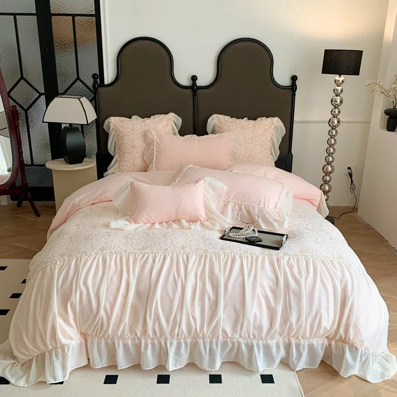 DecorBites™ Pink French Princess Bedding Set, Queen Size, Soft & Cozy with Lace Ruffles