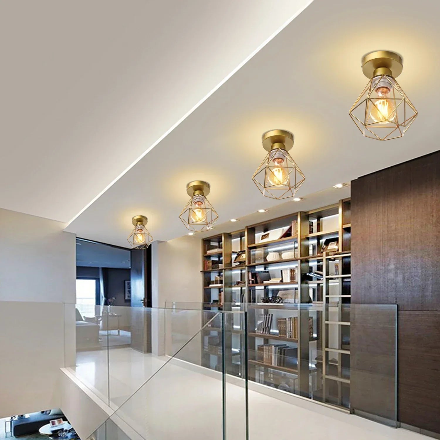 DecorBites™ Gold Iron Cage Ceiling Light مصباح سقف قفص حديدي ذهبي للديكور الاسكندنافي الحديث بتصميم عتيق E27