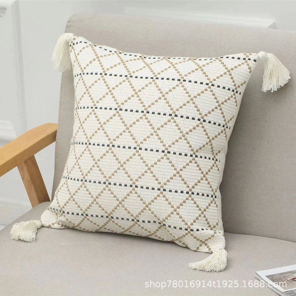 DecorBites™ Geometric Tufted Tassel Pillow Cover - Handcrafted Boho Chic Cushion Cover