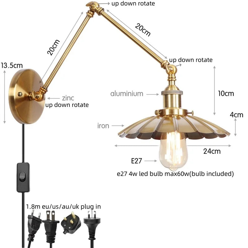 مصباح حائط DecorBites™ Gold Industrial LED مع مفتاح سحب بسلسلة لديكور المنزل