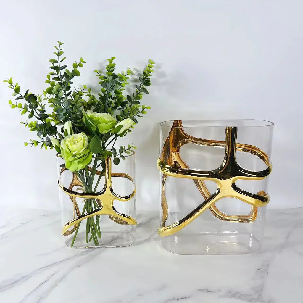 DecorBites™ Gold-Edged Glass Vase with Geometric Patterns for Home Decor