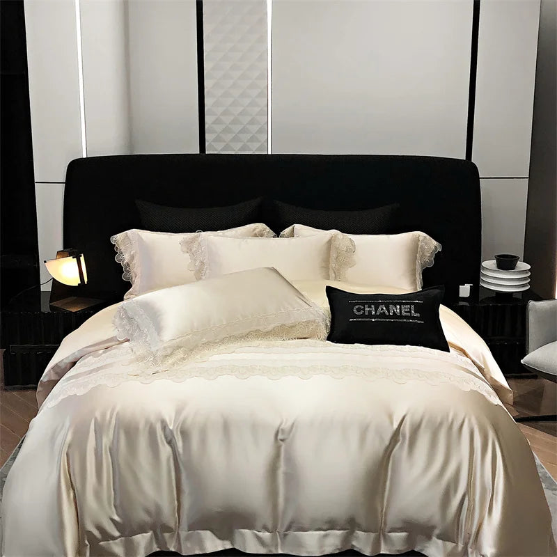 طقم ملاءات سرير فاخر من الدانتيل المرقع من الحرير والقطن DecorBites™ مقاس كوين وكينج