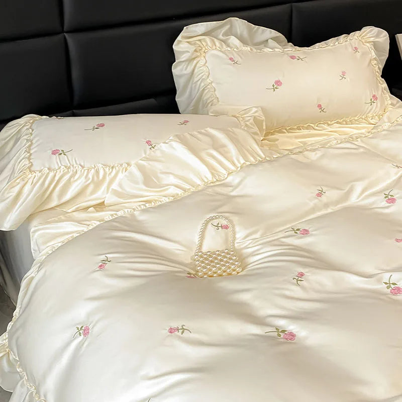 DecorBites™ Ice Silk Embroidery Bedding Sets: Luxury Rayon Duvet Set with Lace, Soft & Cozy