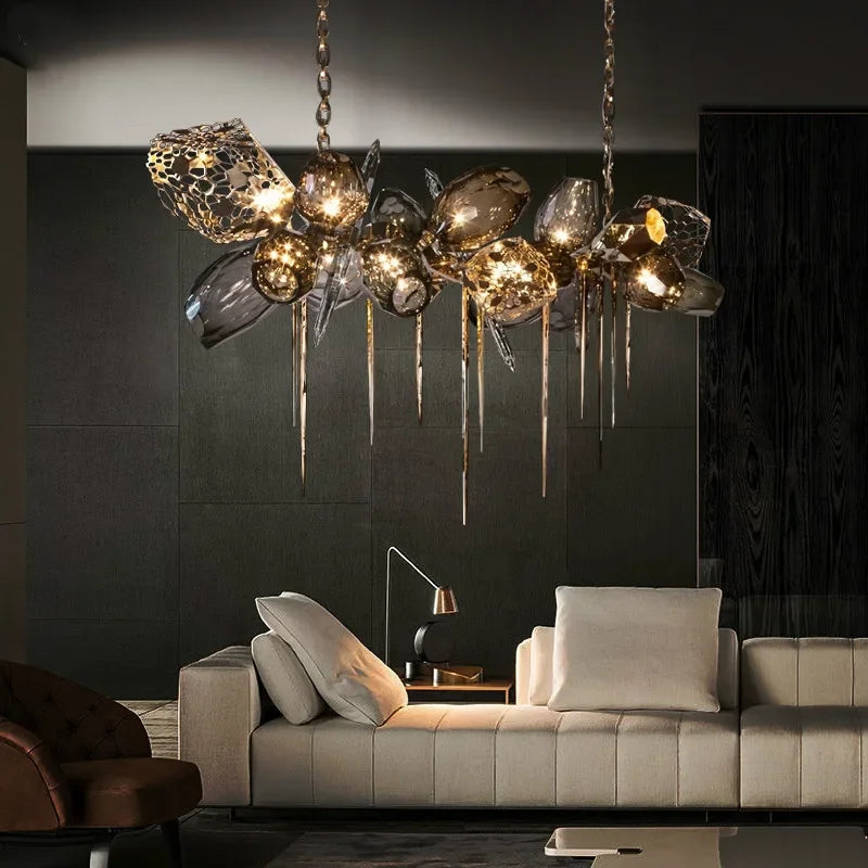 ثريا DecorBites™ الزجاجية بإضاءة LED للفنادق، مصباح معلق فاخر بسلسلة معدنية على هيئة فن سلالم