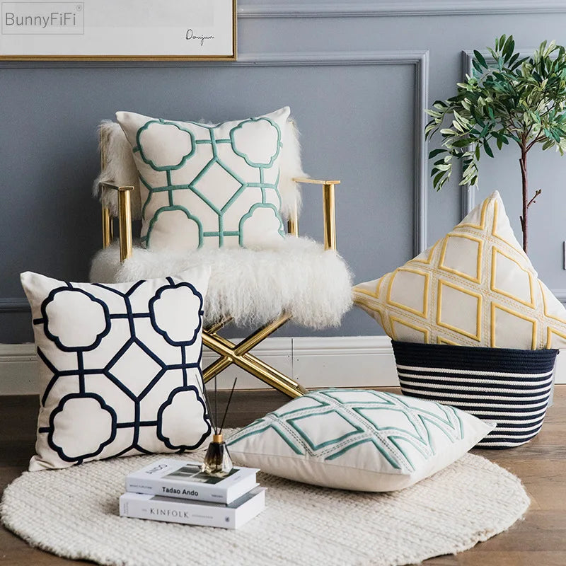 DecorBites™ Geometric Embroidery Cushion Cover Navy Blue White Yellow 50x50cm Home Decor Pillow
