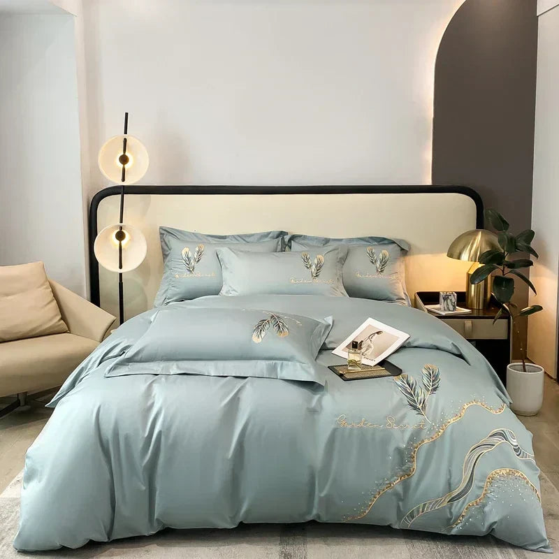 DecorBites™ Cotton Embroidery Bed Linens Set: Full-Queen-King Size, Sheet, Duvet Cover, Pillowcase