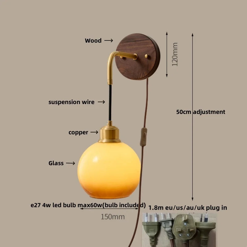 DecorBites™ Copper Adjustable LED Wall Light; Modern Pull Chain Switch Glass Stair Lights