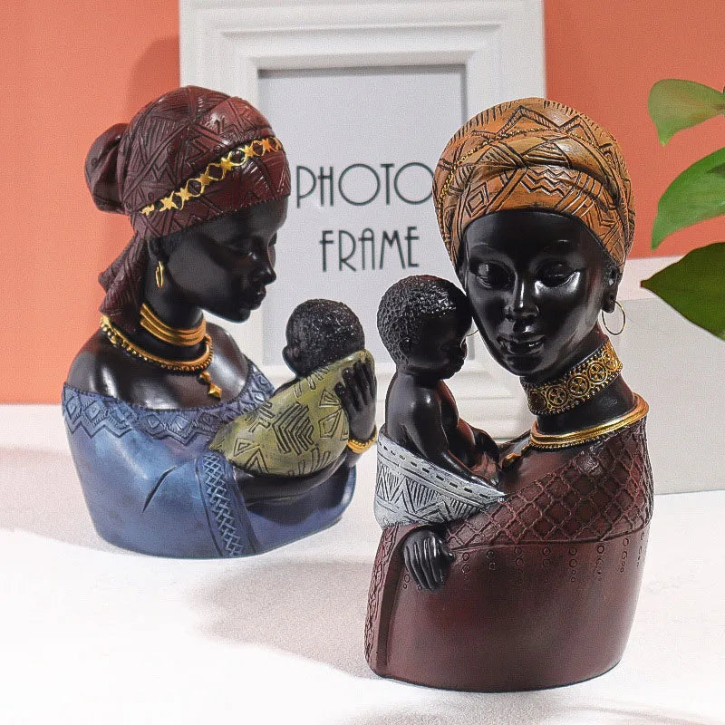 DecorBites™ African Exotic Black Mother And Child Resin Statues Retro Figurines For Home Decor