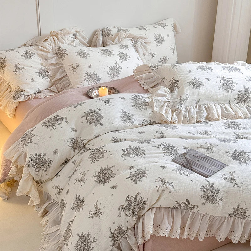 DecorBites™ French Lace Floral Ruffles Bedding Set - 100% Cotton Wrinkled Yarn 4Pcs