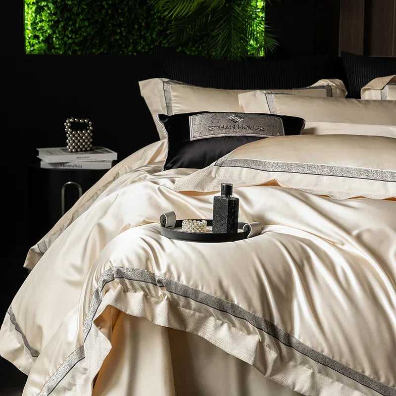 طقم مفرش سرير شامبين فاخر DecorBites™ من قطن مصري حريري - مقاس كوين وكينج