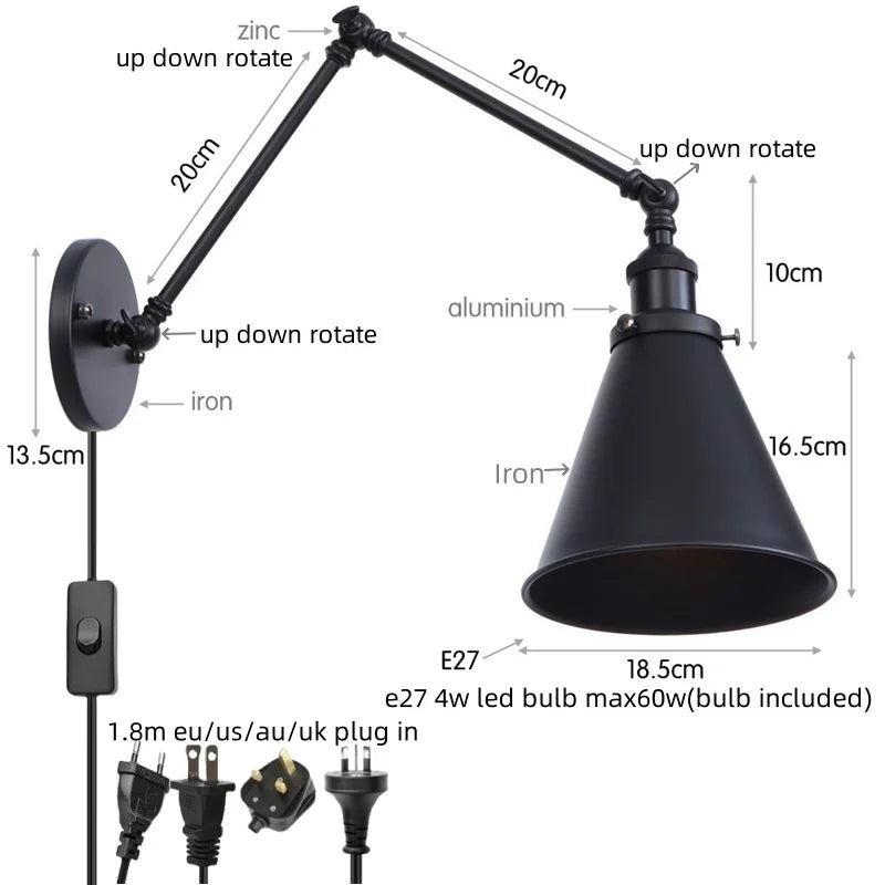مصباح حائط DecorBites™ LED بذراع طويل مع مفتاح سحب لسلسلة للمنزل والفندق والحمام