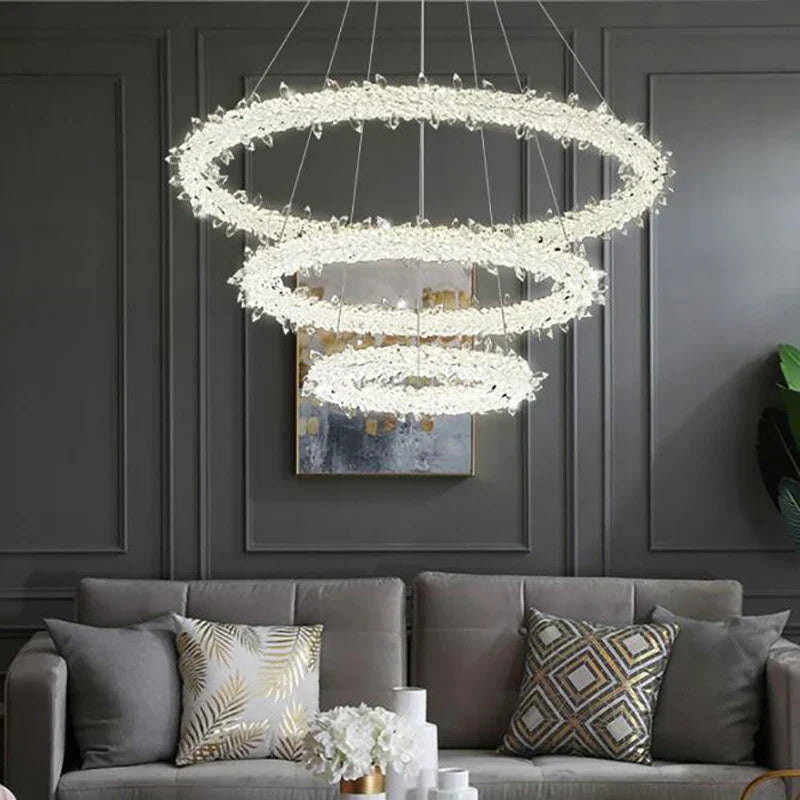 DecorBites™ Crystal Flower LED Chandelier: Modern Luxury Round Ring Pendant Light for Dining & Living Room