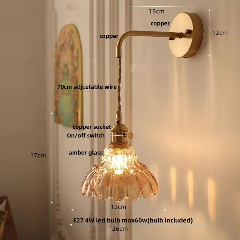 DecorBites™ Amber Glass LED Wall Light with Pull Chain Switch, Modern Nordic Flower Wall Sconce