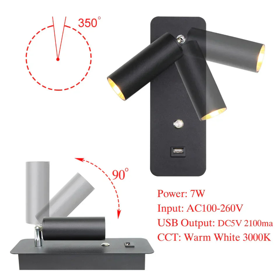 DecorBites™ LED Wall Lights with Switch and USB Interface in White or Black, Modern Sconce