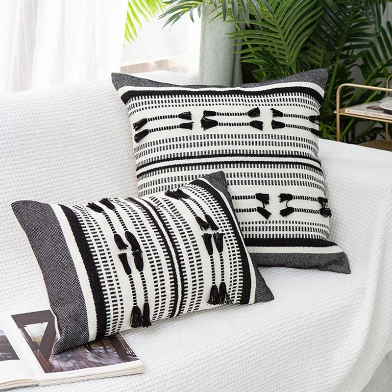DecorBites™ Geometric Tassels Cushion Cover - Yellow & Black Woven Home Decor Pillow