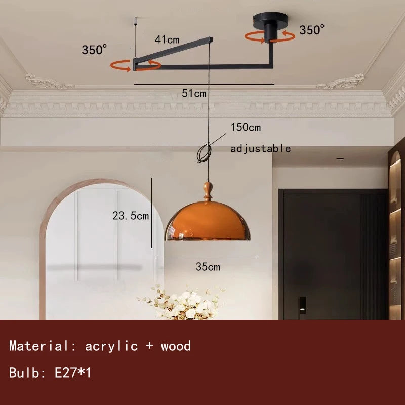 Brown Acrylic Pendant Light With Dark Wood Accent