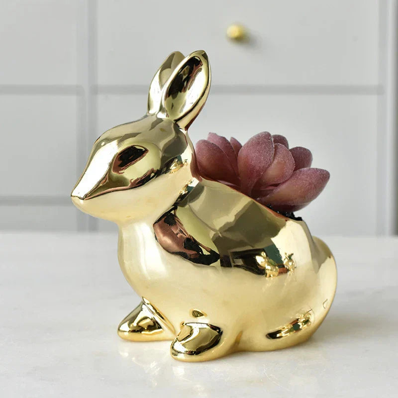 DecorBites™ Golden Rabbit Ceramic Flower Pot | Cartoon Succulent Planting Vase