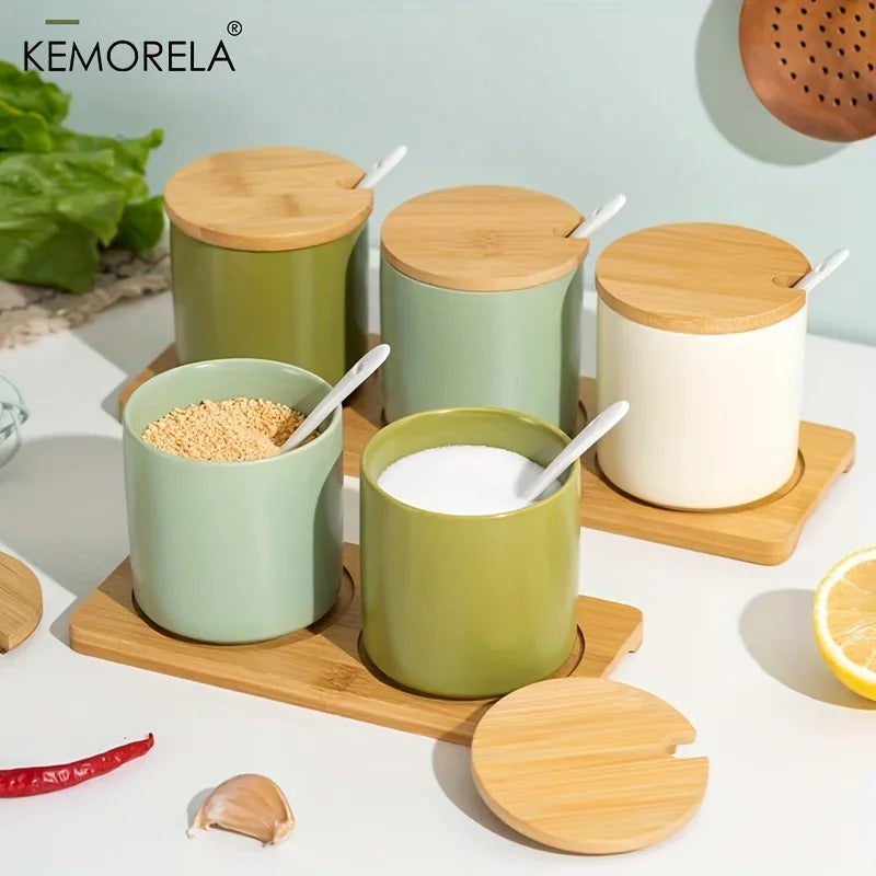 طقم برطمانات توابل سيراميك ريترو ياباني من DecorBites™ مع صينية - منظم مطبخ 3 قطع