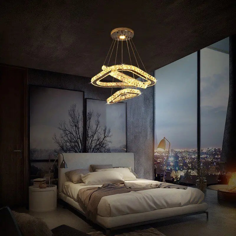 DecorBites™ Crystal Triangle Chandelier: Modern K9 Pendant Light for Living & Dining Room