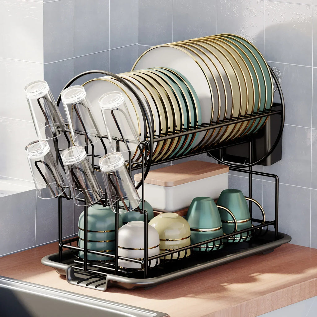 رف تنظيم المطبخ DecorBites™ مع لوح تصريف للأطباق والأواني والأكواب