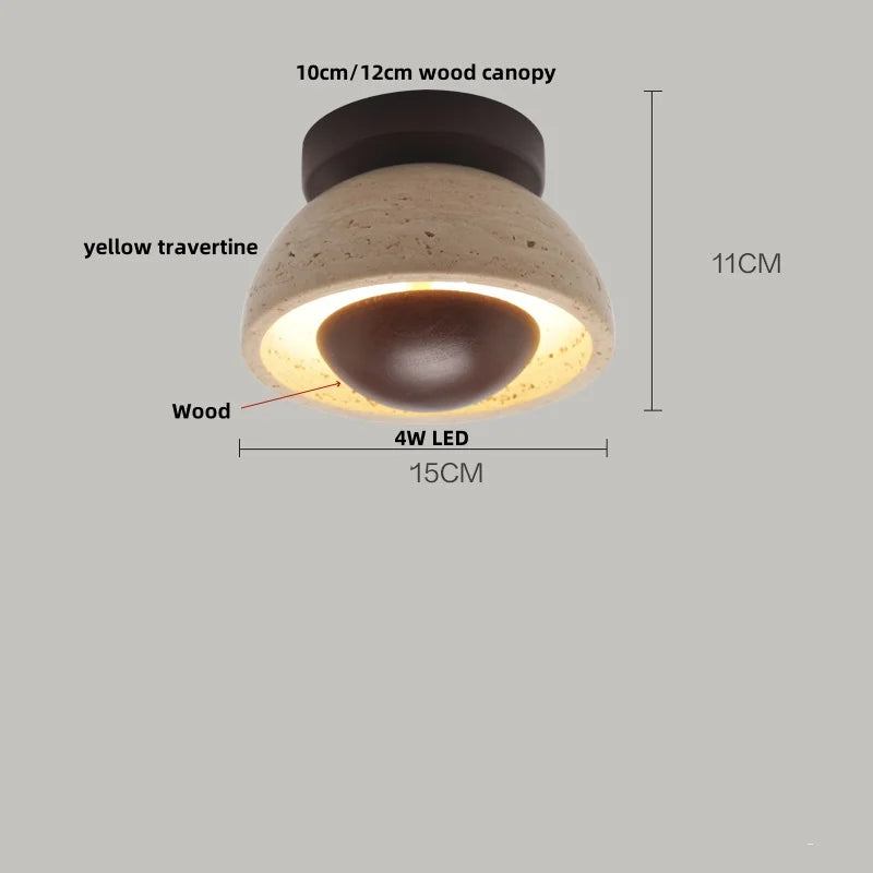 مصباح سقف LED على الطراز الياباني من DecorBites™ بقاعدة خشبية وحجر الترافرتين الأصفر لغرفة النوم.