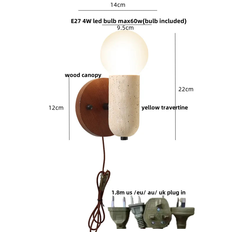 DecorBites™ LED Wall Light Fixture Travertine Stone Wood Canopy Bedside Lamp