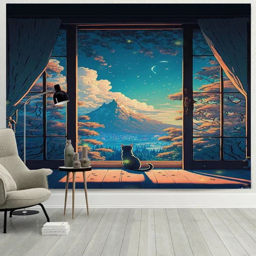 DecorBites™ نسيج حائط بتصميم نافذة أحلام للقطط للمناظر الطبيعية لغرف النوم والمعيشة