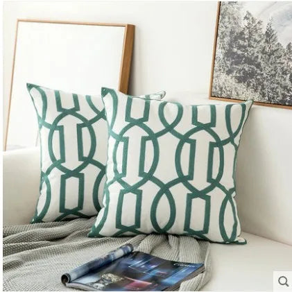 DecorBites™ Embroidered Blue Cotton Canvas Cushion Cover for Home Decor