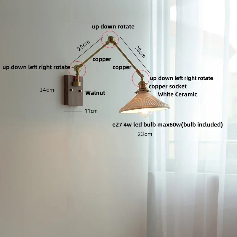 DecorBites™ Ceramic LED Wall Light Rotatable Walnut Bedside Lamp