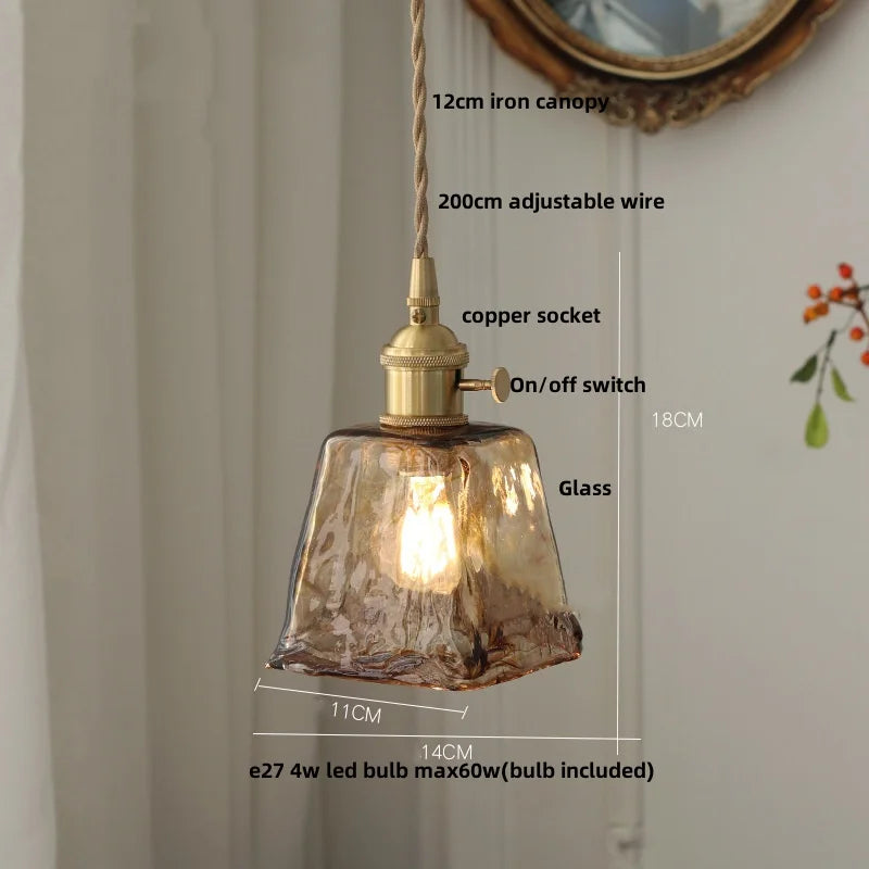 DecorBites™ Brass Knob Switch LED Pendant Light, Nordic Amber Glass Hanging Lamp