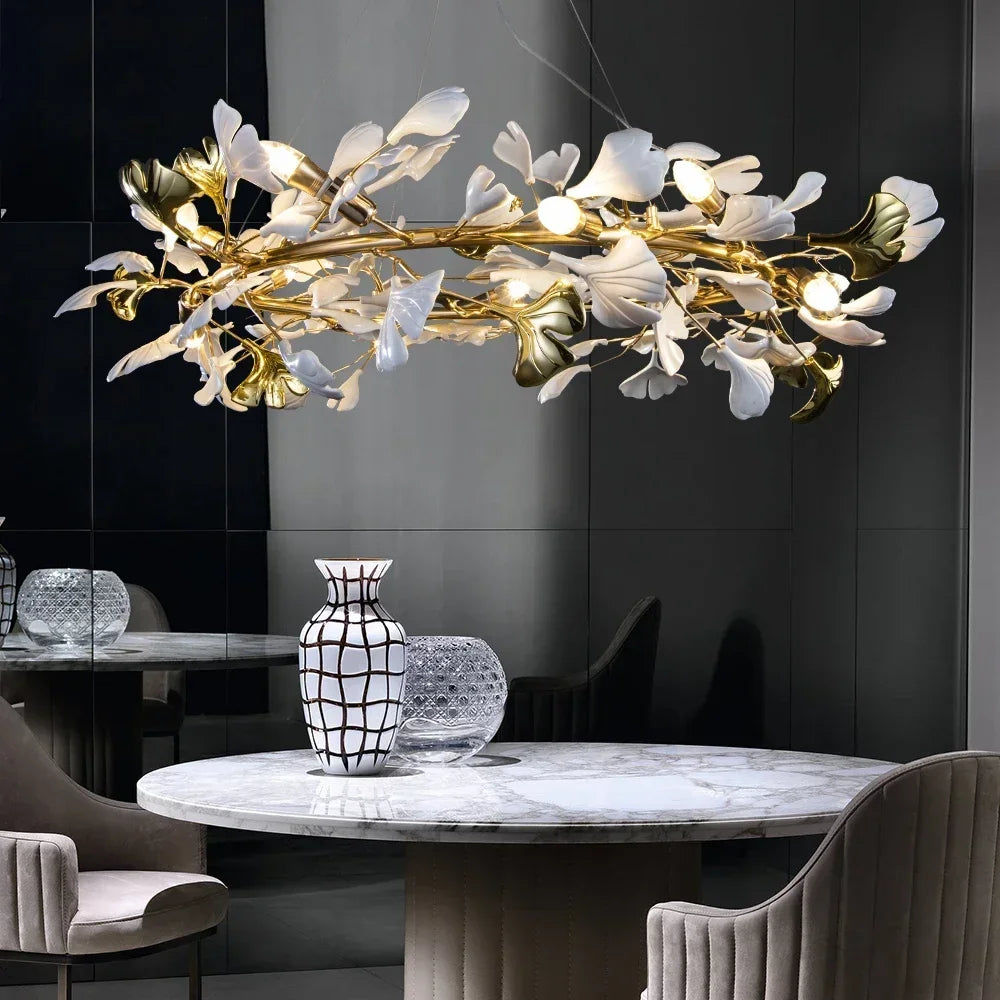 DecorBites™ ثريا سيراميك بتصميم غصن | إضاءة عصرية ذهبية لغرفة المعيشة