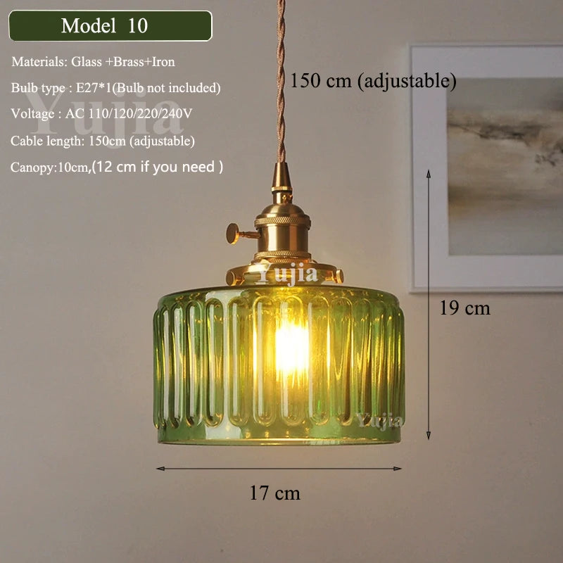 Vintage Green Glass Pendant Light With Brass Finish