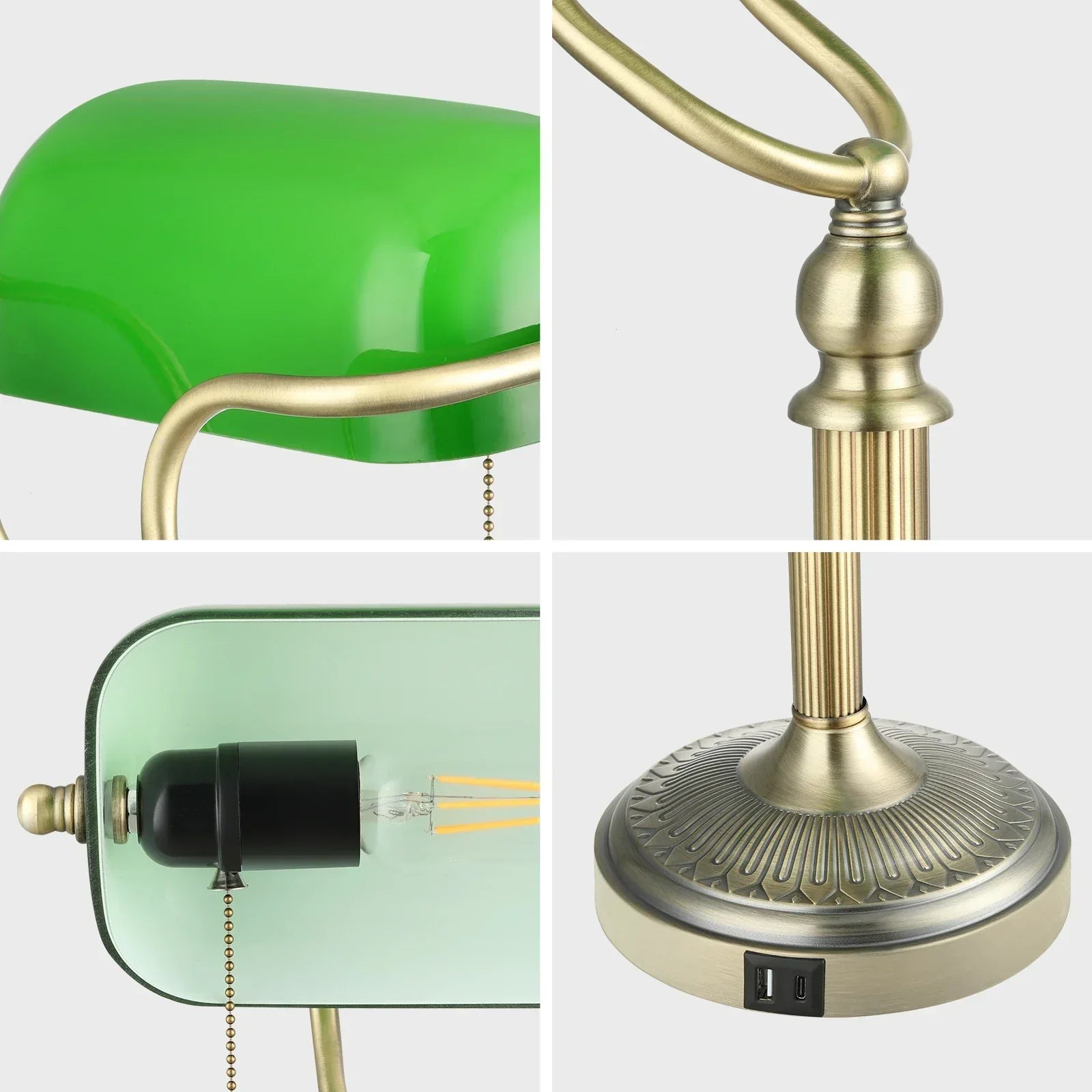 مصباح مكتب مصرفيين زجاجي أخضر DecorBites™ مع منفذ شحن USB ومفتاح سحب بسلسلة