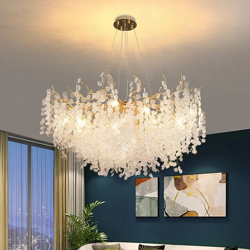 فانوس زجاجي معلّق ذهبي من DecorBites™ Gold Chandelier لديكور المنزل - إضاءة عصرية فاخرة