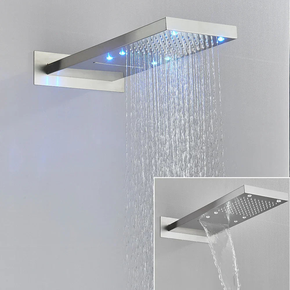 DecorBites™ رأس دش شلال LED مقاس 54*22 سم، صنبور حمام مربع يثبت على الحائط
