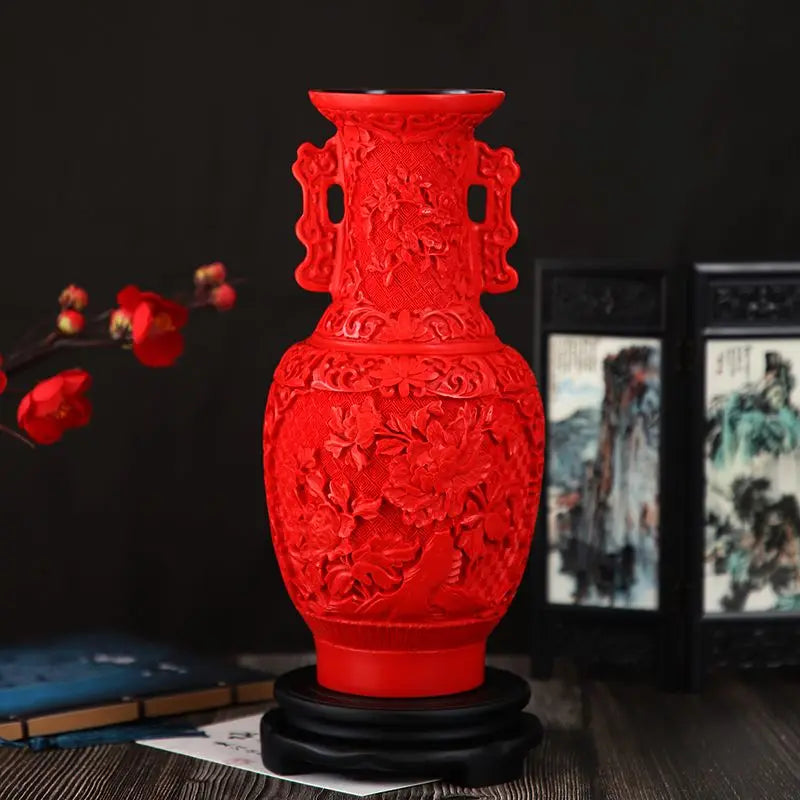 DecorBites™ 10-inch Red Lacquerware Flower Auspicious Vase