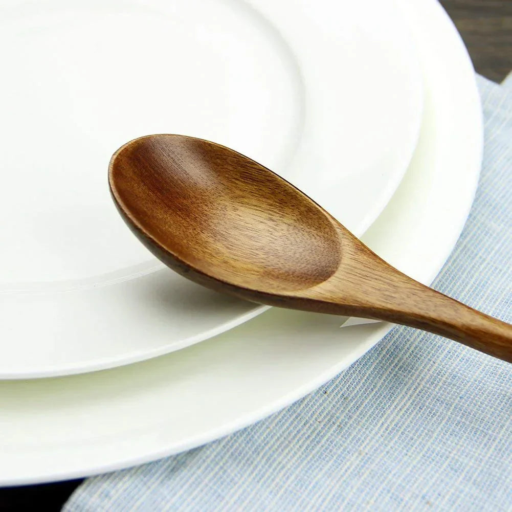 5 Pieces Wooden Spoon Soup Spoon and Fork Tableware Set